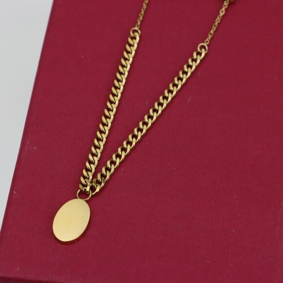 Chic Dual Chain Yellow Necklace with Polished Oval Pendant Charm, XPNL0366 - Picture 7 of 13